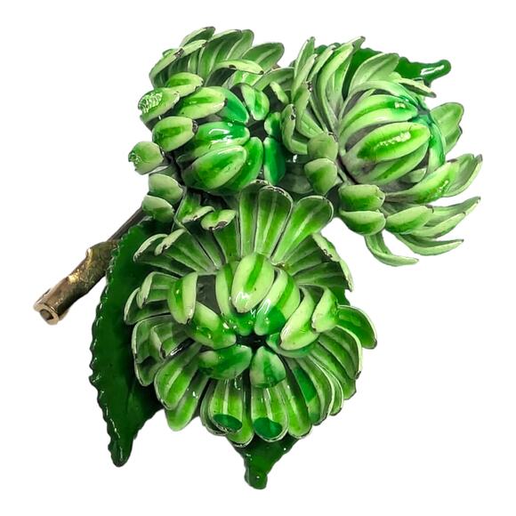 Green Enamel Chrysanthemum Flower Brooch Pin Floral Vtg Estate Jewelry 60s 70s - Picture 6 of 6